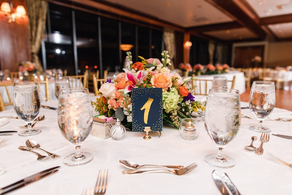 Colorful floral centrepiece at the Houstonian wedding reception 