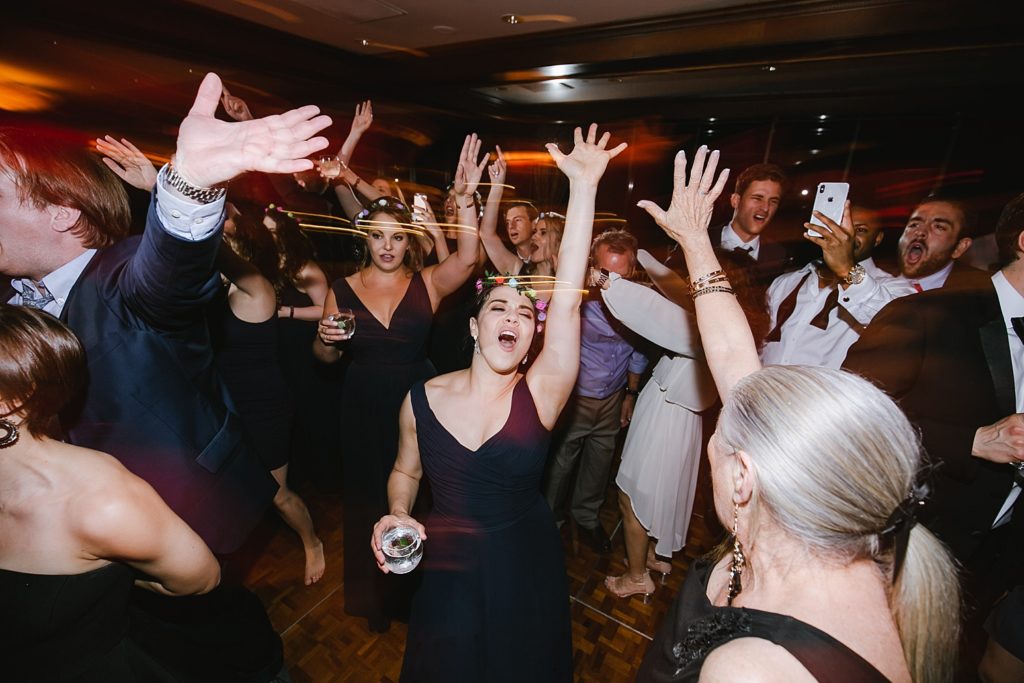 The weddings guests dance the night away on the Houstonian reception dance floor 