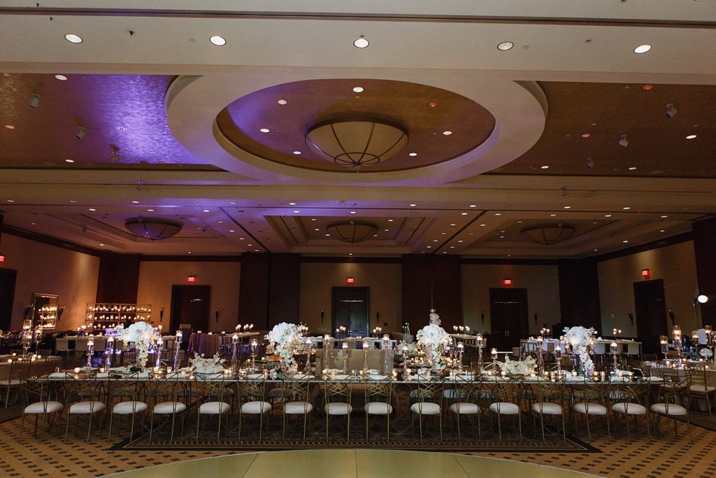 long elegant reception table in the omni hotel houston ballroom