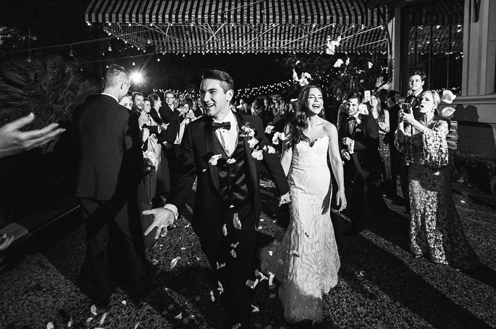Newly weds leave their glamorous wedding reception at the Hotel ZaZa in Houston, Texas.